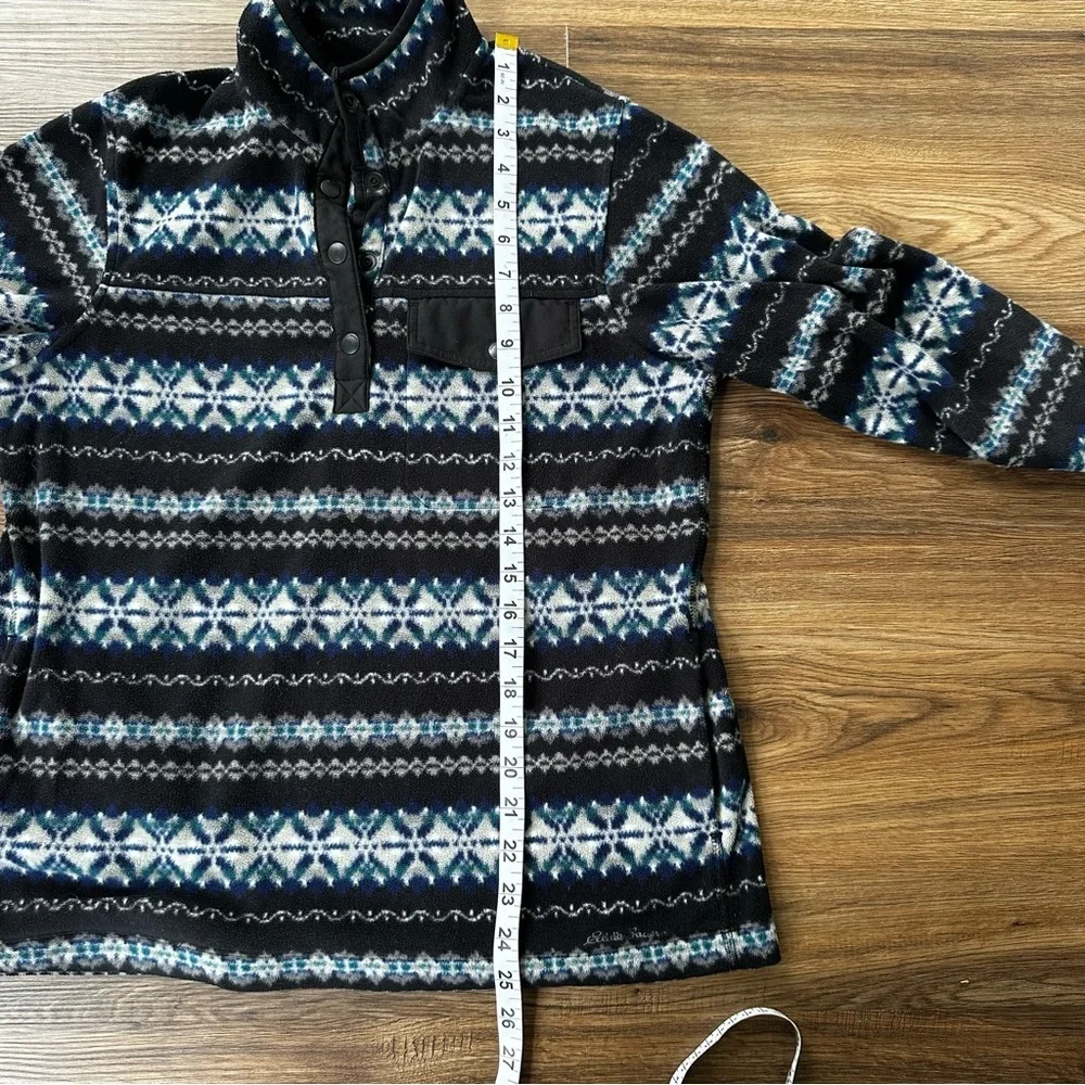 Womens Medium‎ Eddie Bauer Navy Fair Isle Fleece Pullover Snap Buttons Pockets